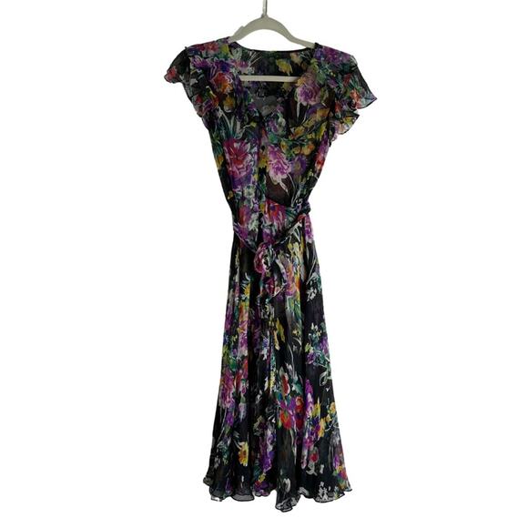 Lauren Ralph Lauren Dresses & Skirts - Lauren Ralph Lauren 100% Silk Sheer Tropical Floral Long Dress Ruffle Button S34